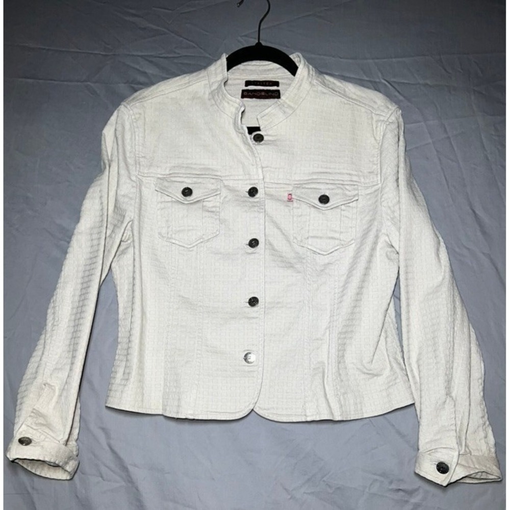 Bandolino Casual Womens White Textured Stretch Button Front Jacket Mock Neck